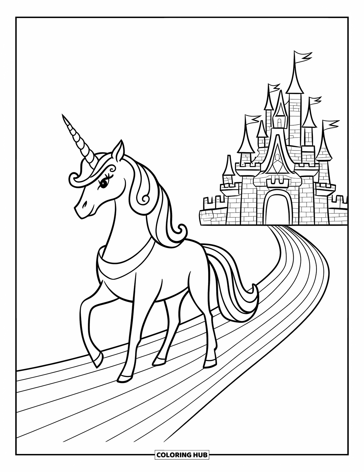 Rainbow Unicorn Coloring Page for Kids: A unicorn follows a rainbow path that leads to a shining castle