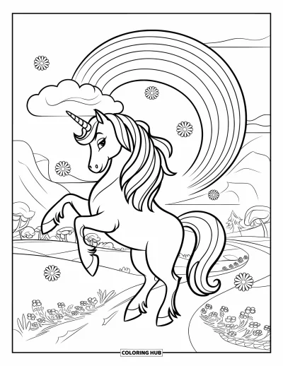 Coloriage de licorne arc-en-ciel pour enfants : Une licorne contemple un arc-en-ciel en spirale parmi des fleurs et des montagnes