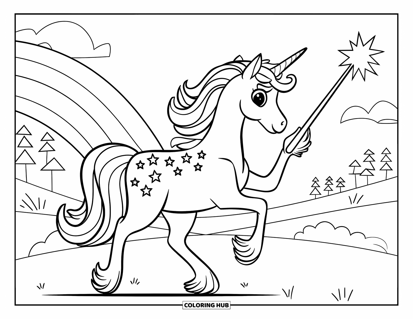Rainbow Unicorn Coloring Page for Kids: A unicorn holds a magic wand leaving a colorful rainbow trail