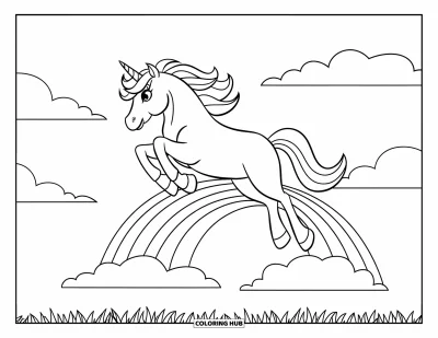 Coloriage de licorne arc-en-ciel pour enfants : Une licorne bondit par-dessus un arc-en-ciel sous un ciel ensoleillé et dégagé