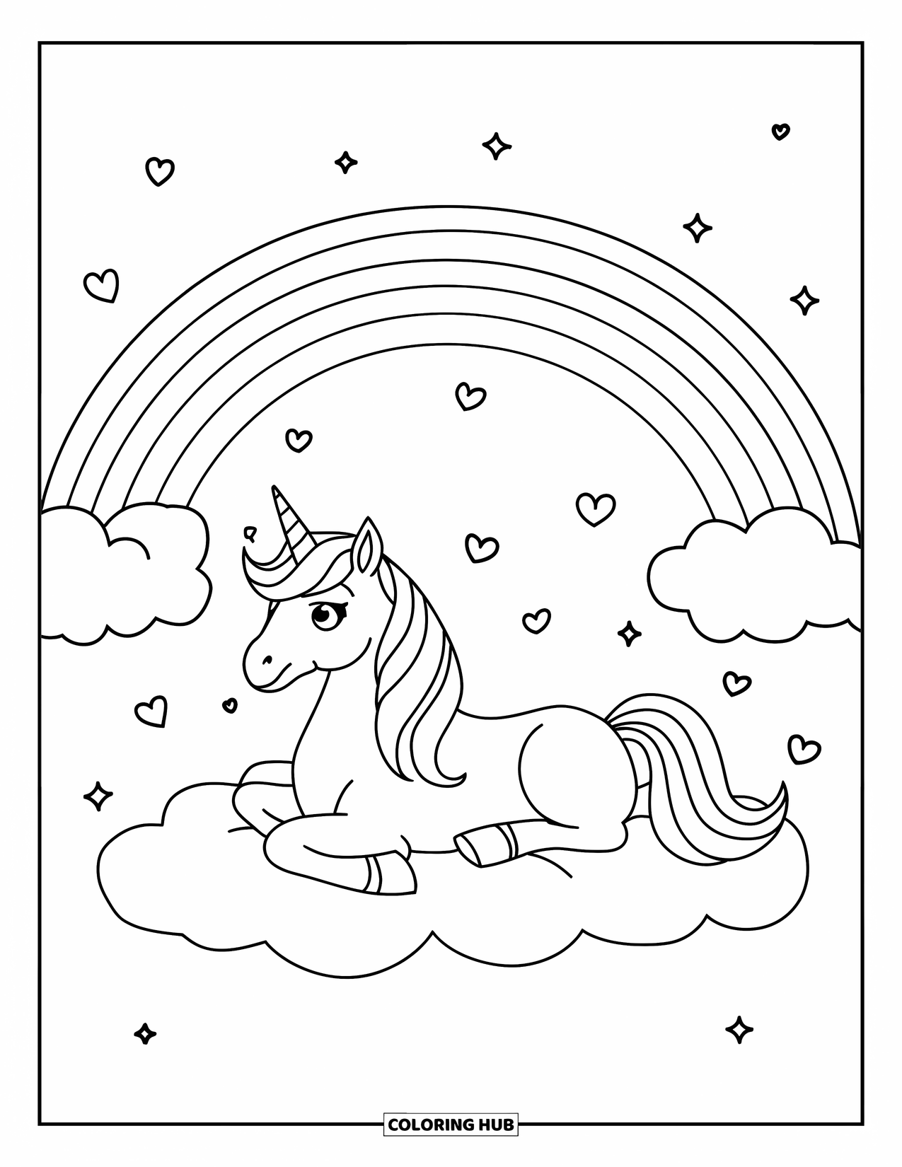 Rainbow Unicorn Coloring Page for Kids: A unicorn lies on a cloud beneath a rainbow and floating hearts