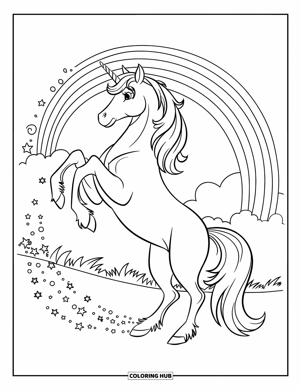 Rainbow Unicorn Coloring Page for Kids: A unicorn rears beneath a rainbow surrounded by glowing magic dust