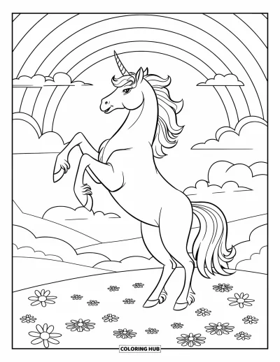 Coloriage de licorne arc-en-ciel pour enfants : Une licorne se cabre dans un champ sous un ciel illuminé d'arc-en-ciel