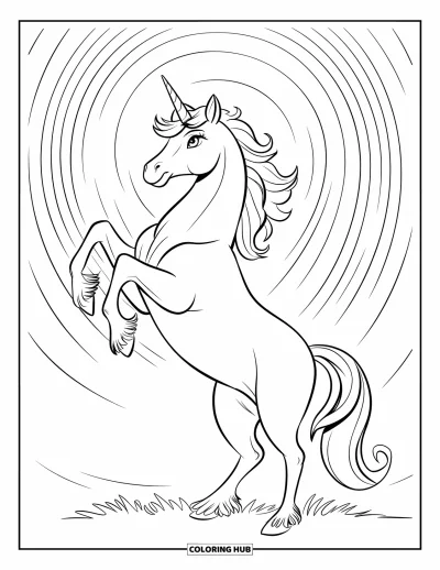 Coloriage de licorne arc-en-ciel pour enfants : Une licorne se cabre fièrement devant un horizon arc-en-ciel lumineux