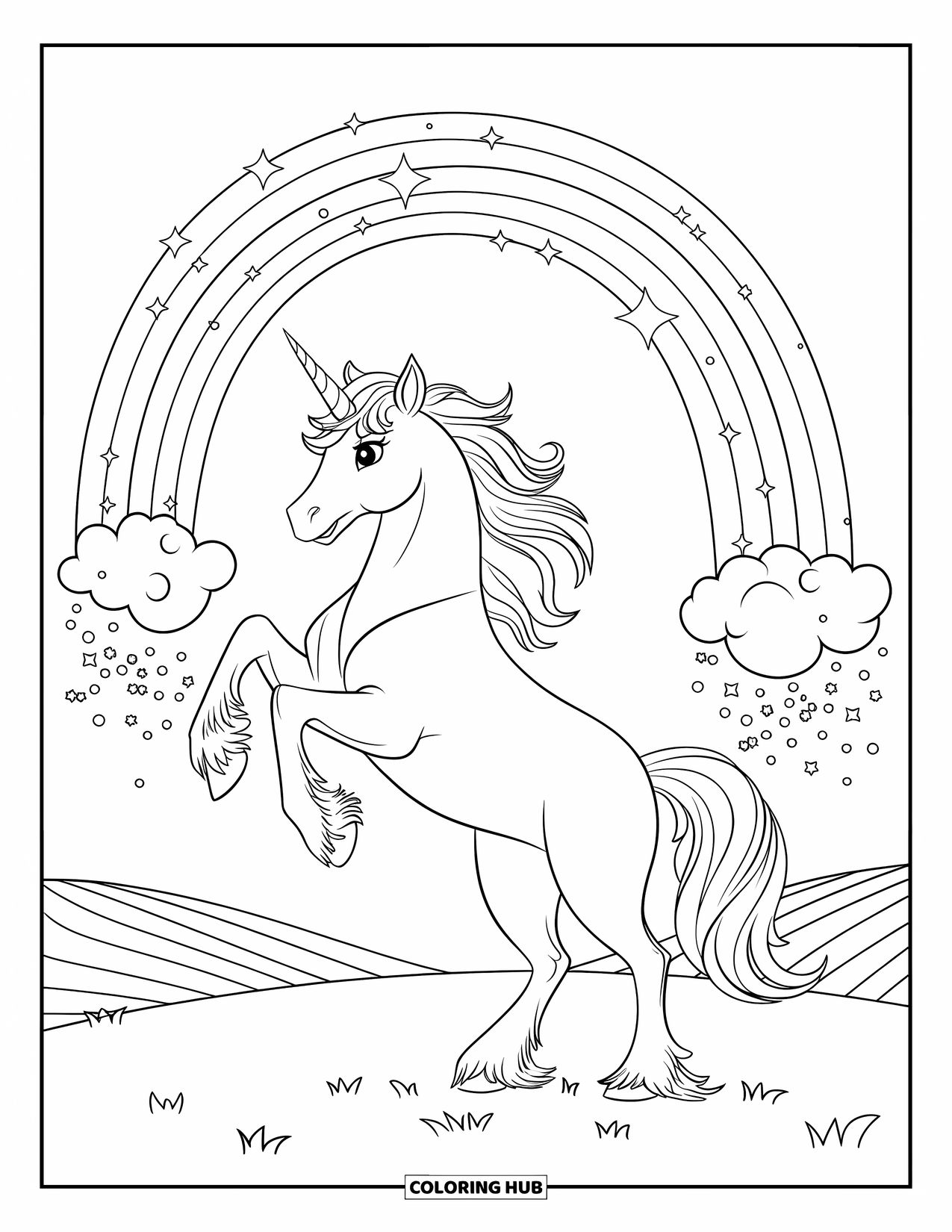 Rainbow Unicorn Coloring Page for Kids: A unicorn rears under a rainbow made of glittering magic dust