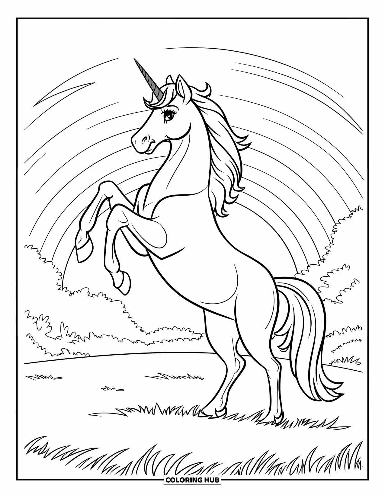 Rainbow Unicorn Coloring Page for Kids: A unicorn rises before a glowing rainbow stretching across the sky