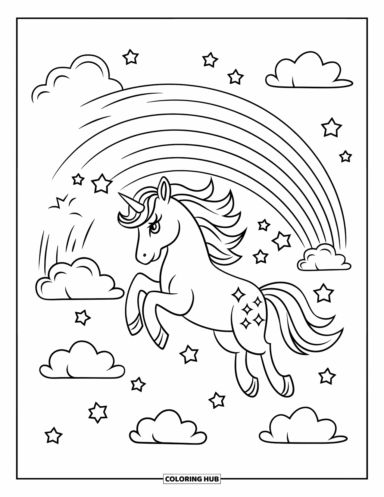 Rainbow Unicorn Coloring Page for Kids: A unicorn soars through a rainbow sky filled with clouds and sparkles