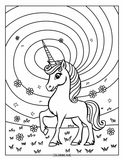 Coloriage de licorne arc-en-ciel pour enfants : Une licorne se tient dans un champ sous un arc-en-ciel en spirale et des fleurs flottantes
