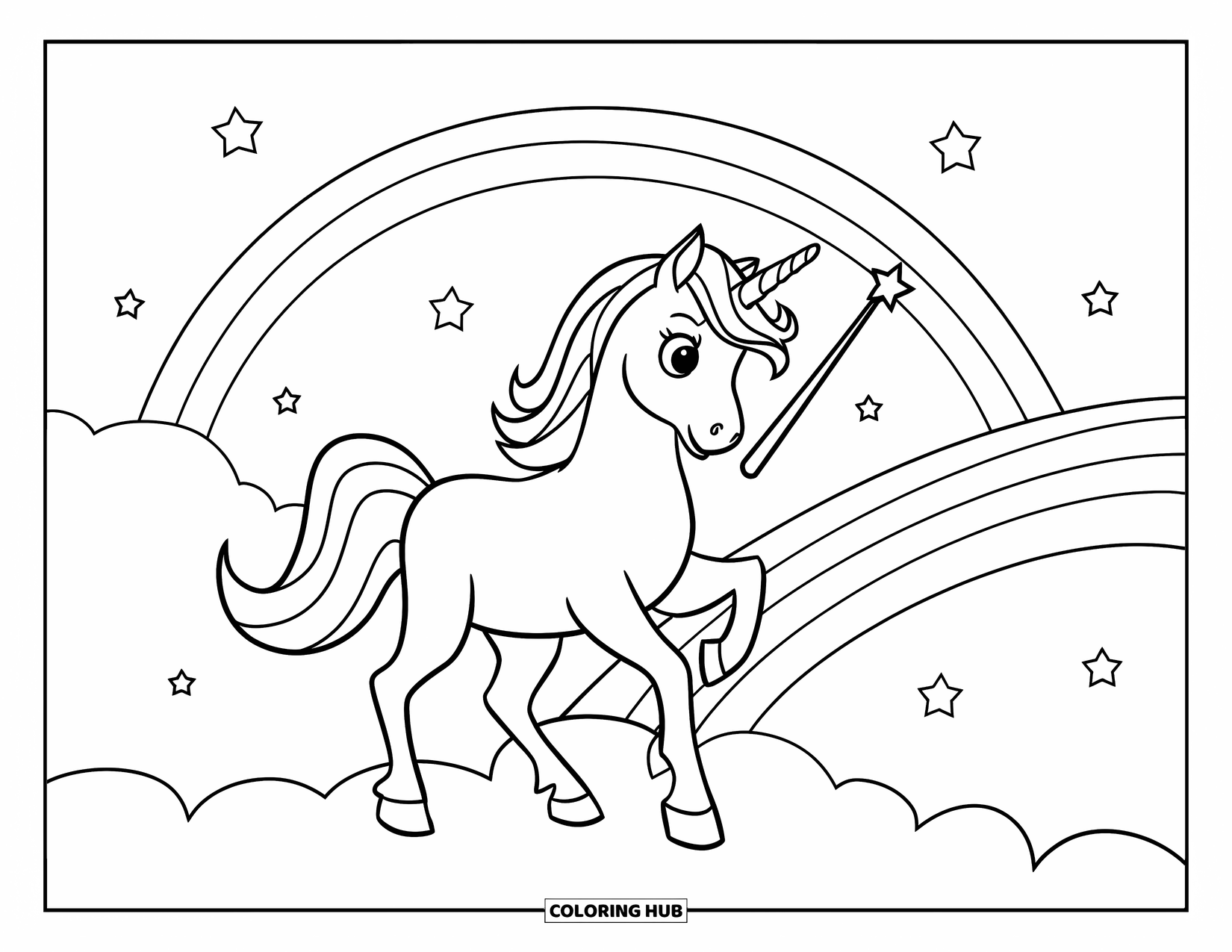Rainbow Unicorn Coloring Page for Kids: A unicorn stands on a cloud holding a wand with a rainbow trail