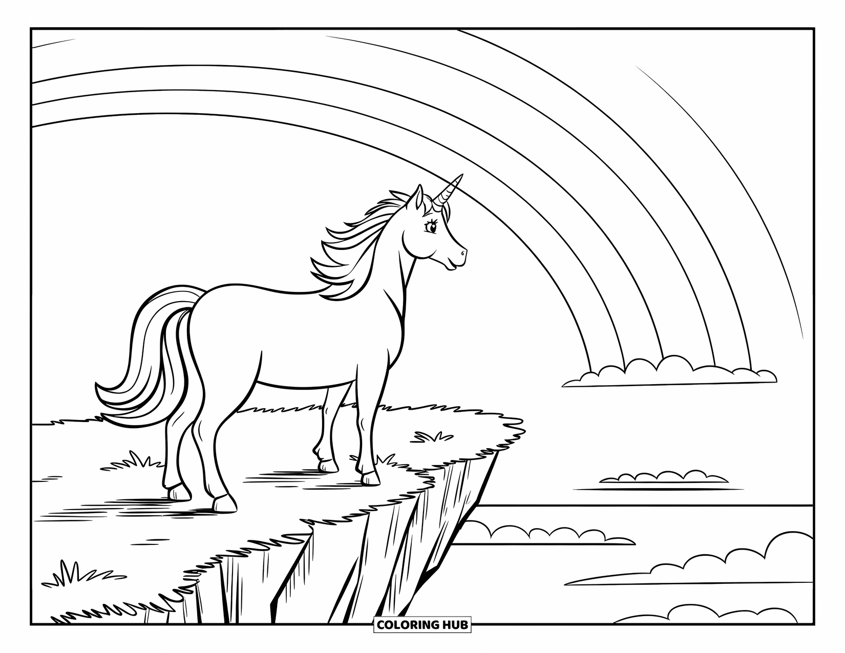Rainbow Unicorn Coloring Page for Kids: A unicorn stands on a grassy cliff beneath a vivid rainbow sky