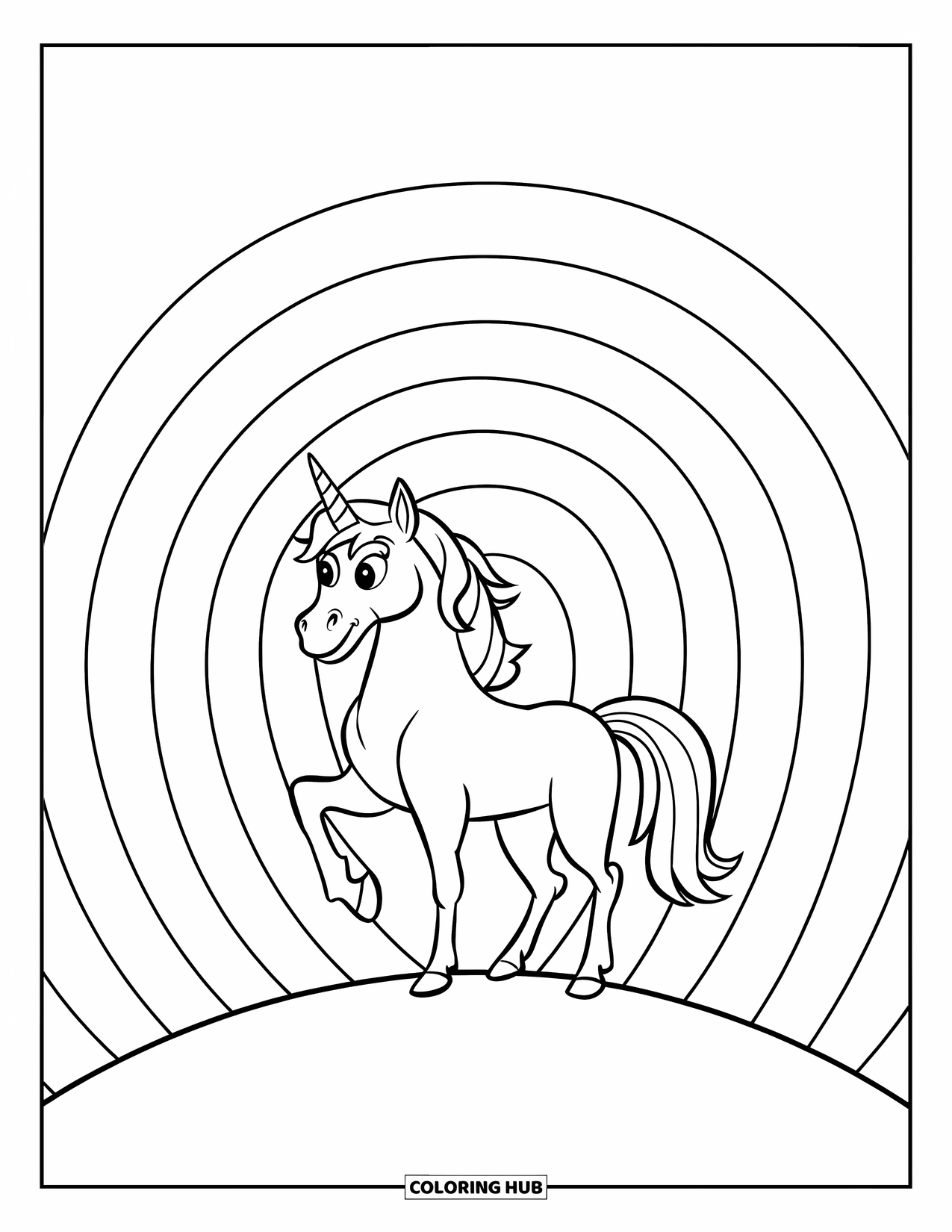 Rainbow Unicorn Coloring Page for Kids: A unicorn stands on a hilltop under a wide, colorful rainbow