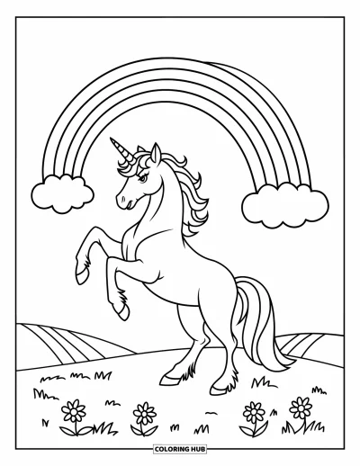 Coloriage de licorne arc-en-ciel pour enfants : Une licorne se tient fièrement sous un arc-en-ciel entouré de fleurs