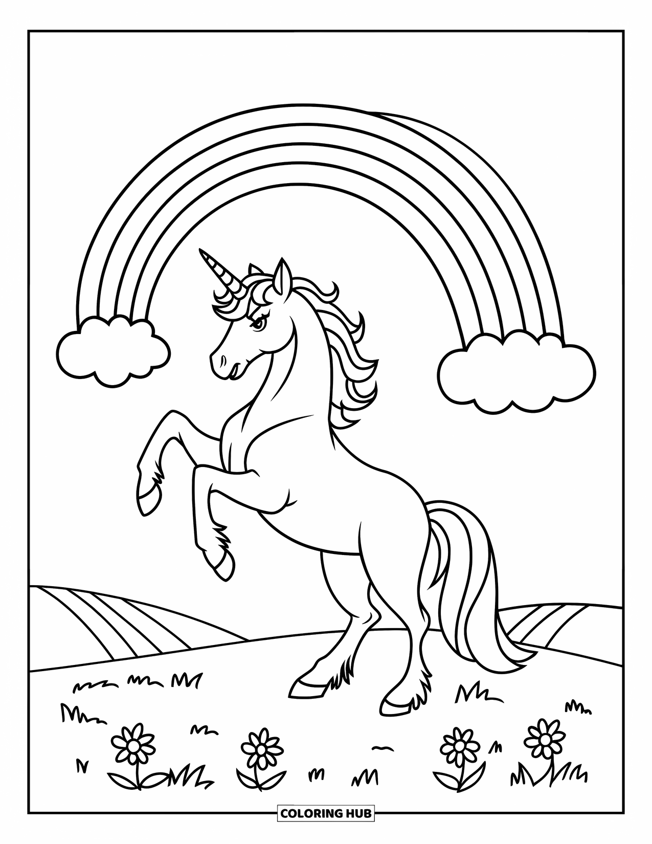 Rainbow Unicorn Coloring Page for Kids: A unicorn stands proudly under a rainbow surrounded by flowers