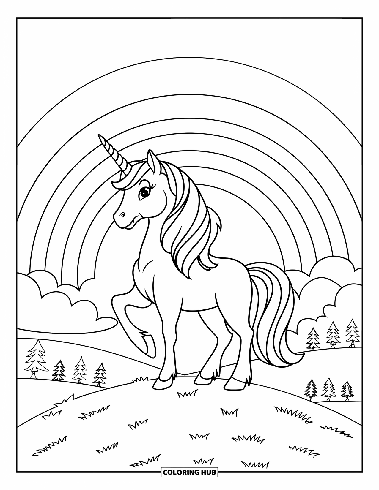 Rainbow Unicorn Coloring Page for Kids: A unicorn stands tall on a hill with a rainbow stretching behind