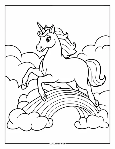 Coloriage de licorne arc-en-ciel pour enfants : Une licorne couronnée galope sur un pont arc-en-ciel dans les nuages