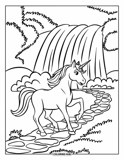 Coloriage de licorne arc-en-ciel pour enfants : Une licorne à la crinière arc-en-ciel marche sous un arc-en-ciel lumineux