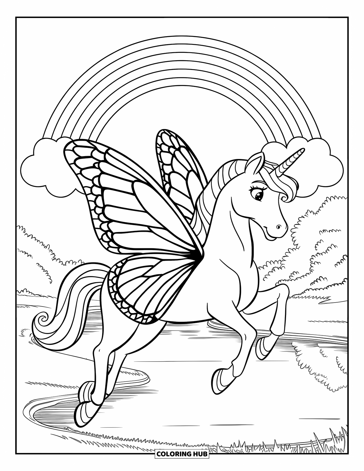 Rainbow Unicorn Coloring Page for Kids: A unicorn with butterfly wings floats near a rainbow and lake