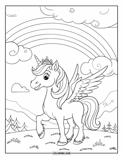 Coloriage de licorne arc-en-ciel pour enfants : Une licorne ailée sourit sous un arc-en-ciel au-dessus d'un champ verdoyant