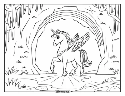 Coloriage de licorne arc-en-ciel pour enfants : Une licorne ailée marche vers une grotte arc-en-ciel dans une forêt enchantée