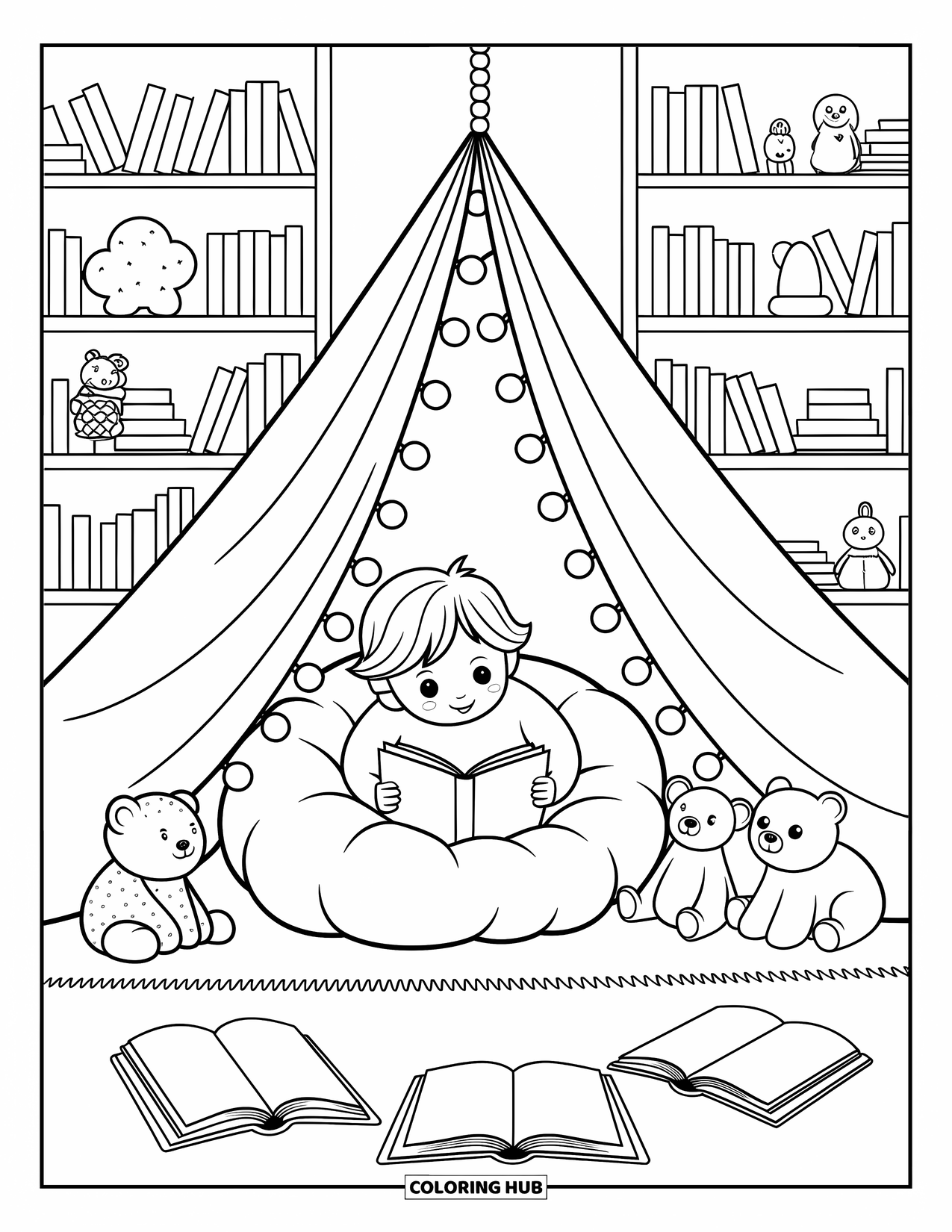 Reading Coloring Page for Adults: A blanket fort glows softly as a child reads surrounded by toys