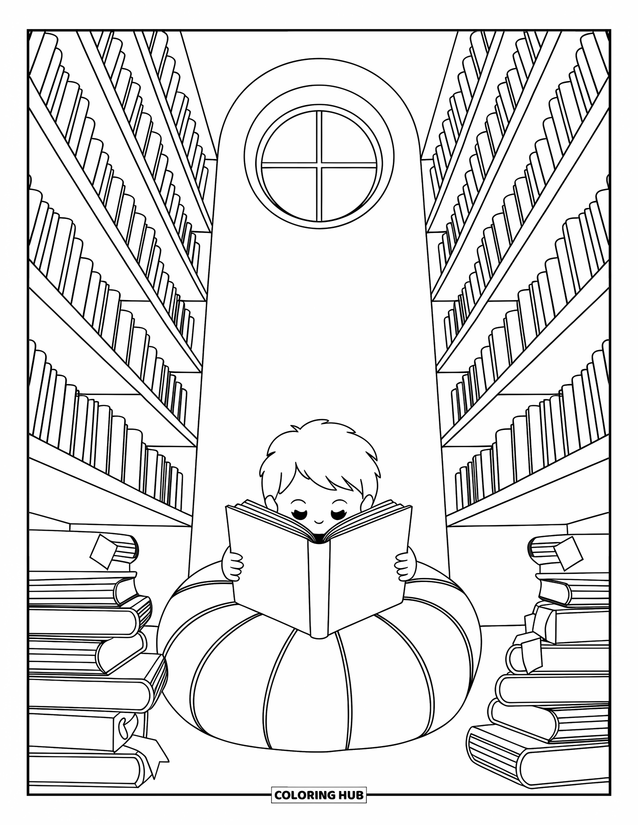 Reading Coloring Page for Adults: A child reads beneath a round window in a cozy library nook