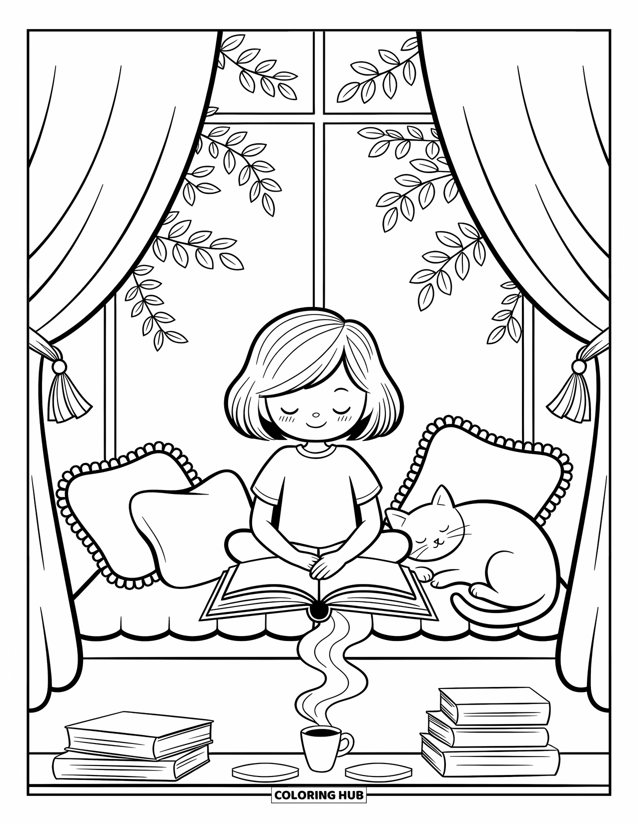 Reading Coloring Page for Adults: A child reads by the window with a sleepy cat and warm light