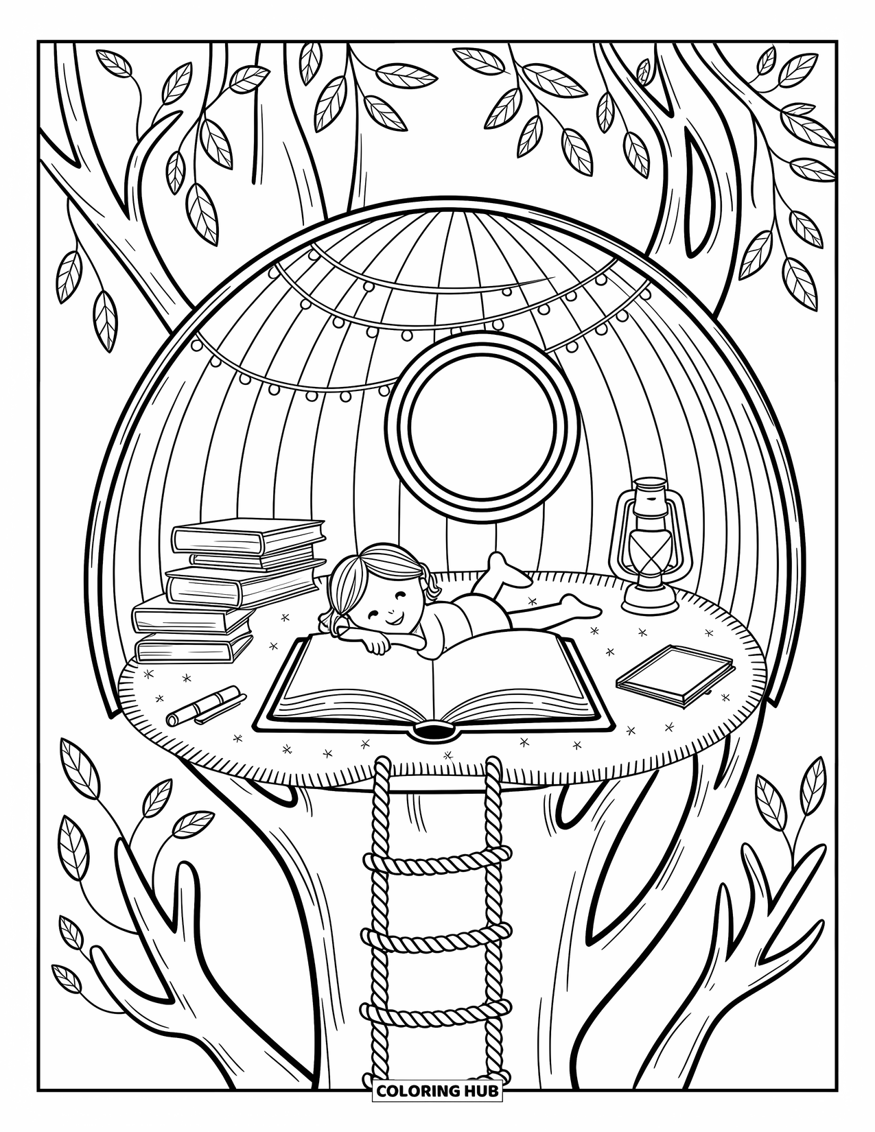 Reading Coloring Page for Adults: A child reads in a treehouse filled with books and warm lanterns