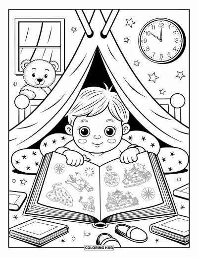 Tegning med læsning til voksne: Et barn læser i sengen under en lysende tæppefæstning med en teddybjørn
