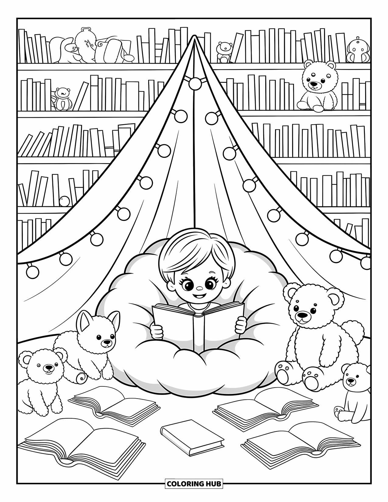 Reading Coloring Page for Adults: A child reads inside a blanket fort with lights and cuddly friends