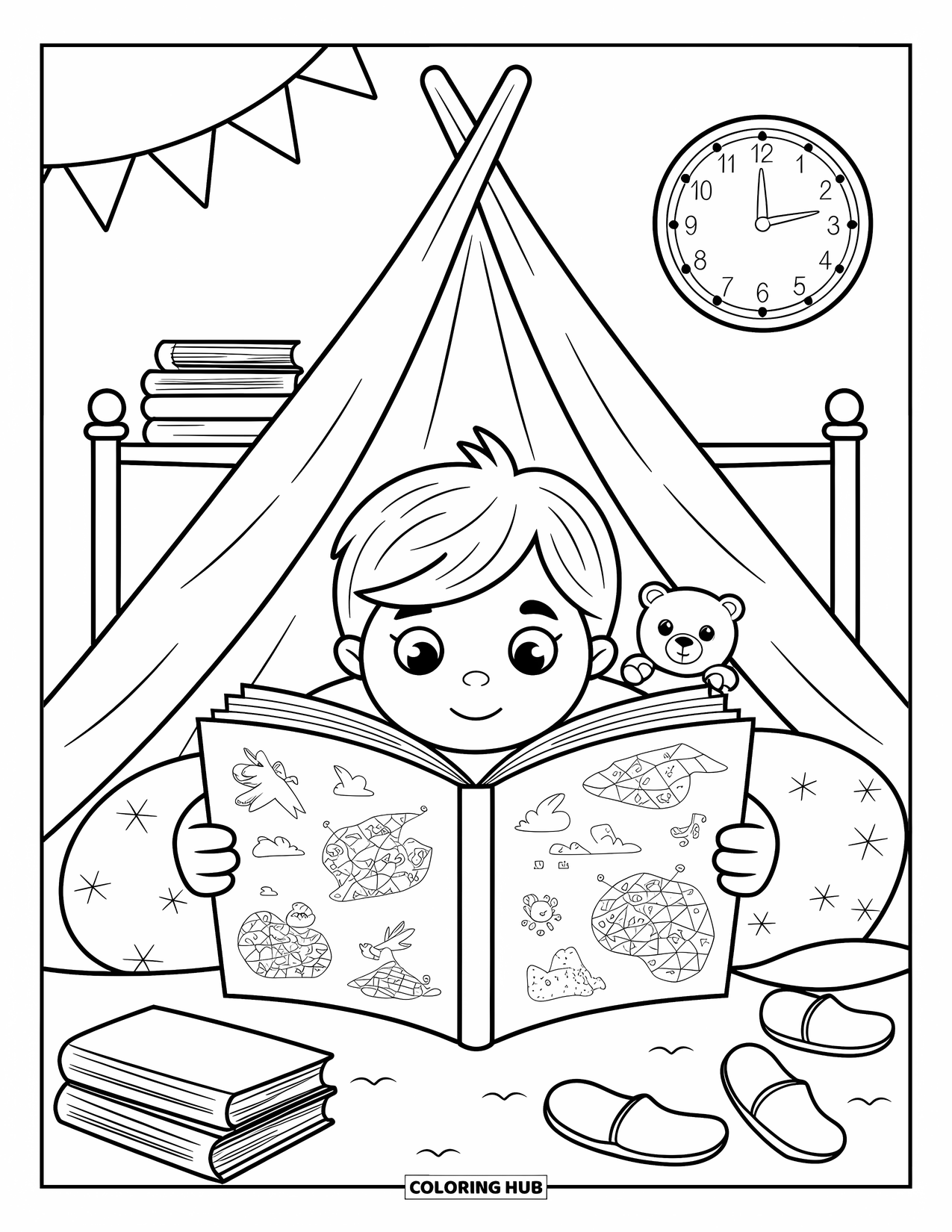 Reading Coloring Page for Adults: A child reads under a blanket fort lit by a flashlight