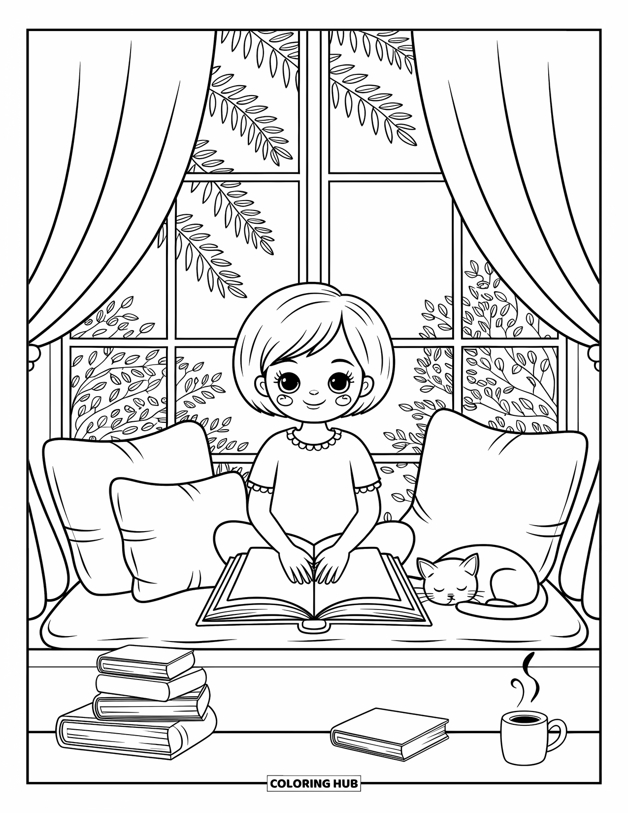Reading Coloring Page for Adults: A cozy nook shows a child reading with a cat and steaming mug