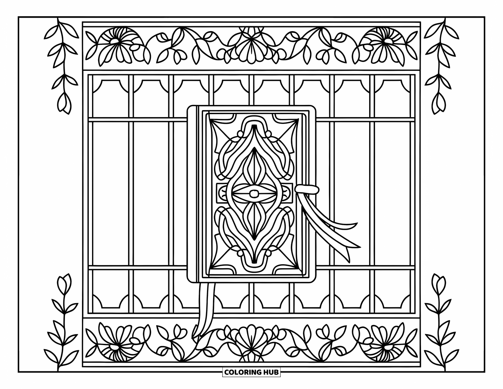 Reading Coloring Page for Adults: A journal with a ribbon lies within floral stained glass borders