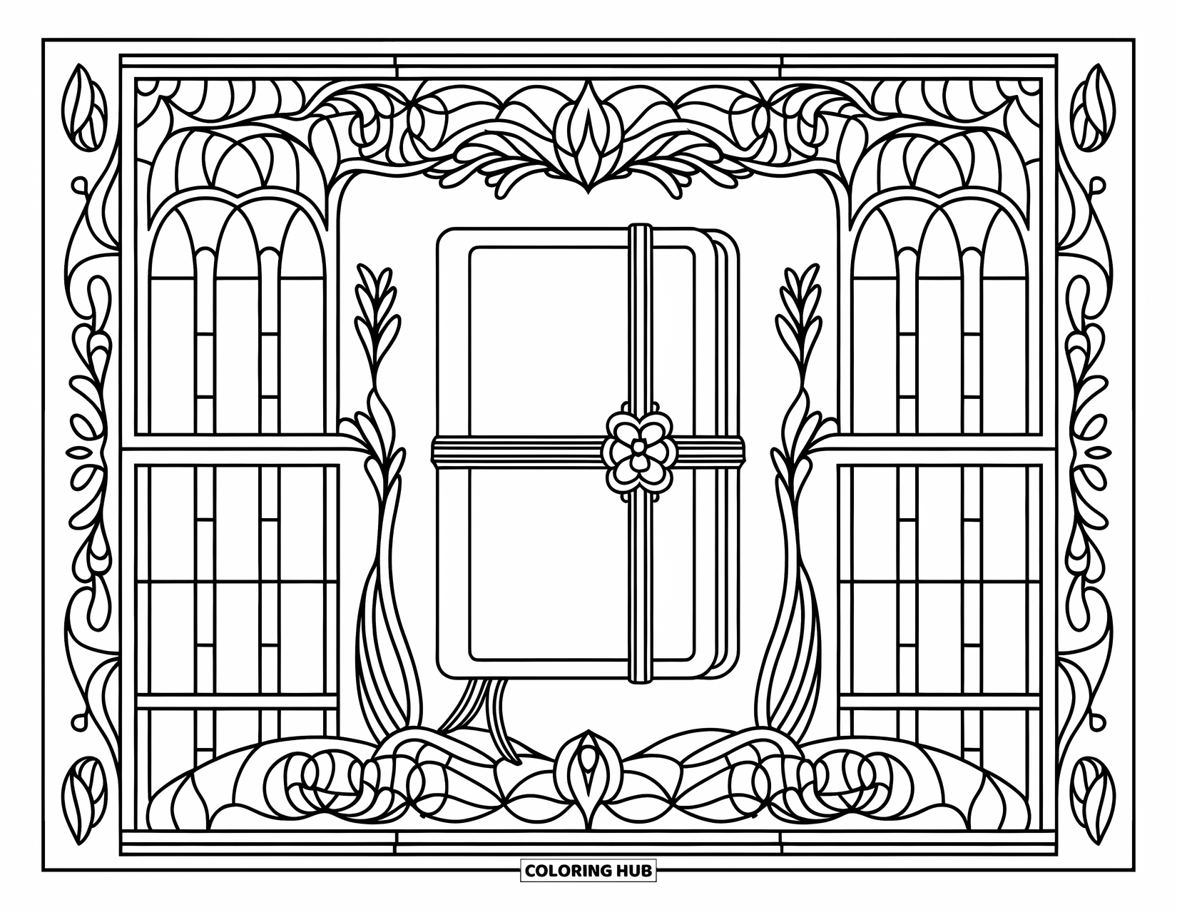Reading Coloring Page for Adults: A ribboned journal is framed by stained glass panes and floral borders