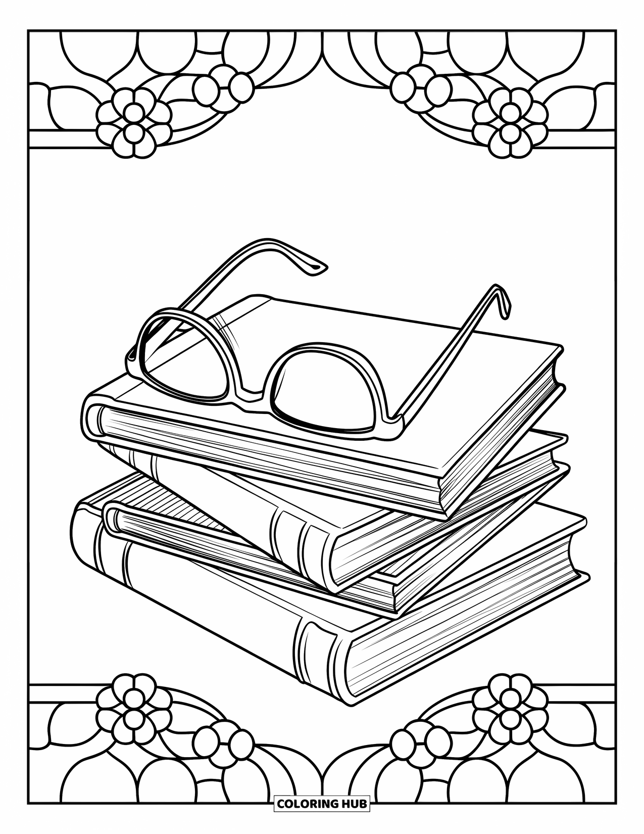 Reading Coloring Page for Adults: A stack of books with glasses sits among floral stained glass patterns