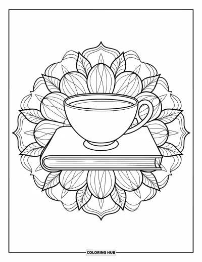Tegning med læsning til voksne: En tekop og bog sidder omgivet af blomstermandala-kronblade
