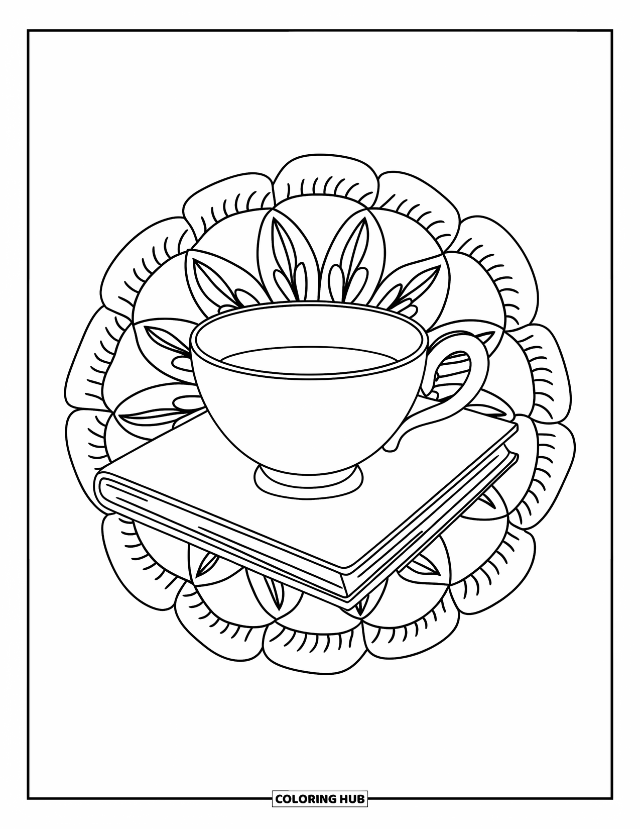 Reading Coloring Page for Adults: A teacup rests on a book encircled by layered botanical mandala petals