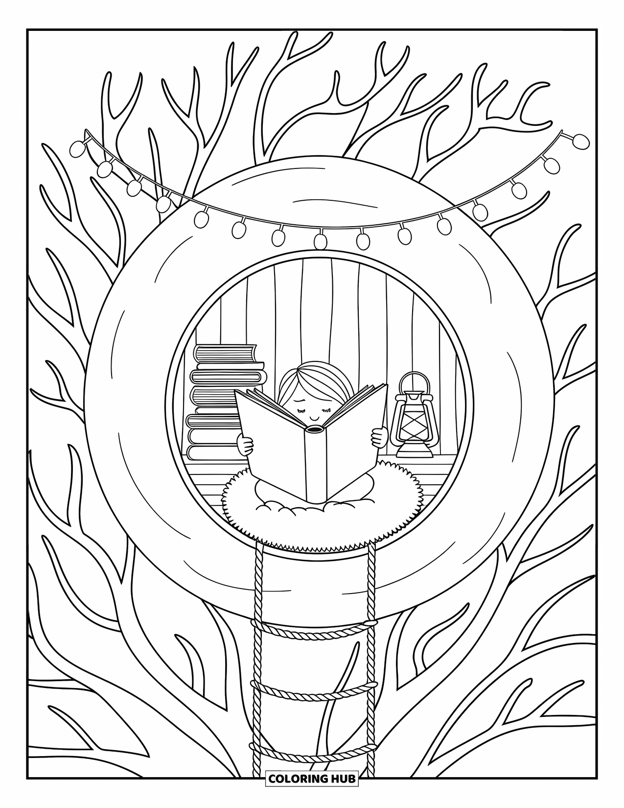 Reading Coloring Page for Adults: A treehouse glows with string lights as a child reads under branches