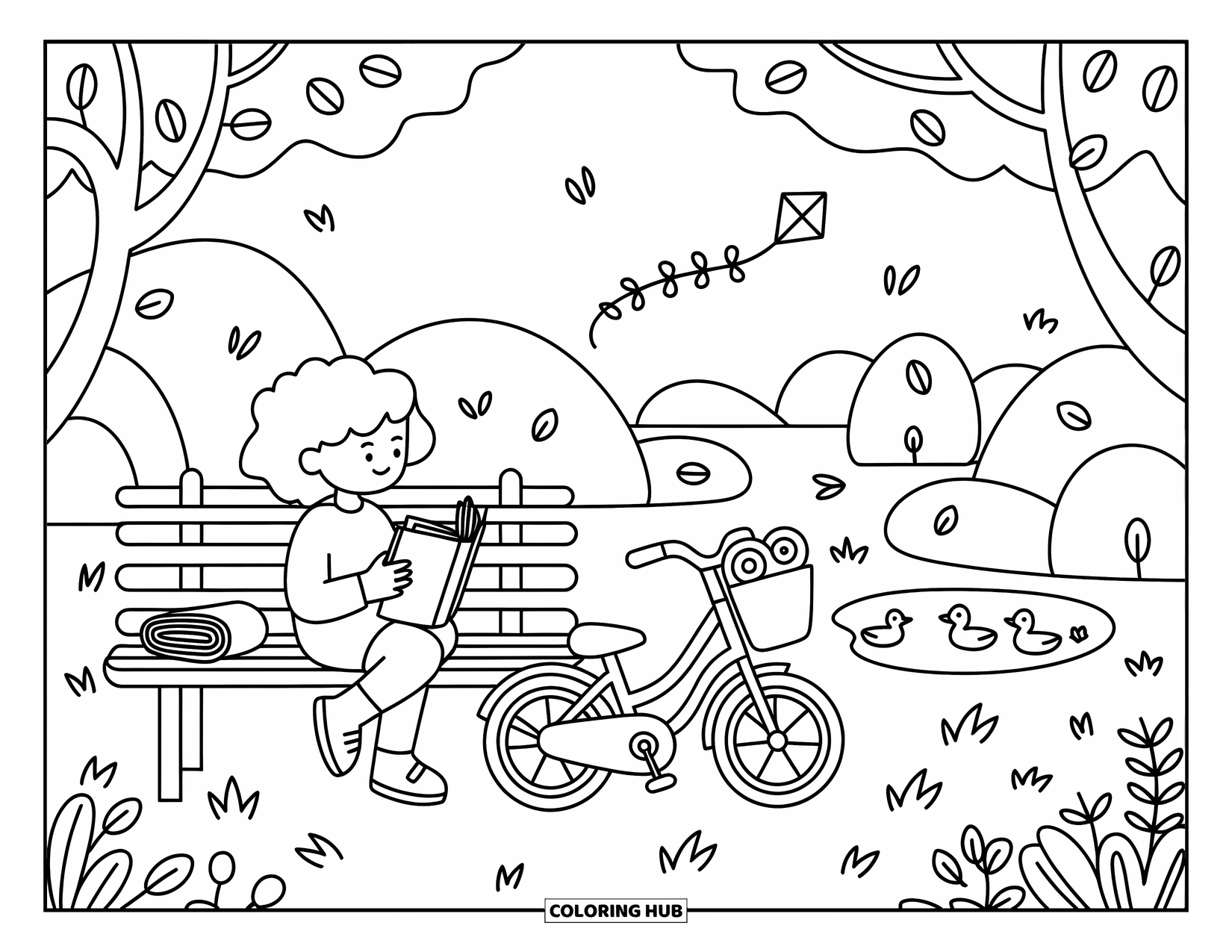 Reading Coloring Page for Adults: A young reader enjoys a book in the park with a pond and trees