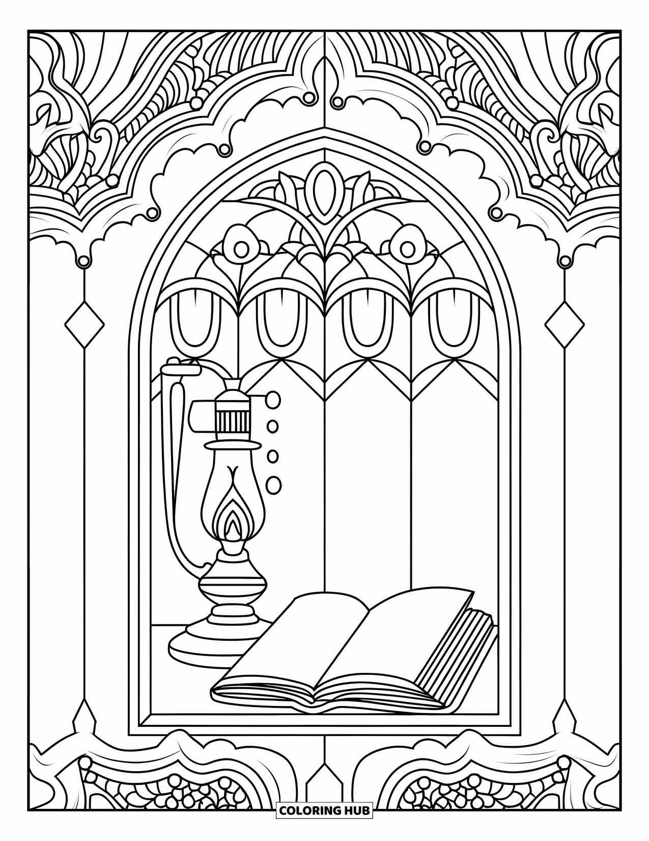 Reading Coloring Page for Adults: An oil lamp and book are enclosed by ornate stained glass and floral details