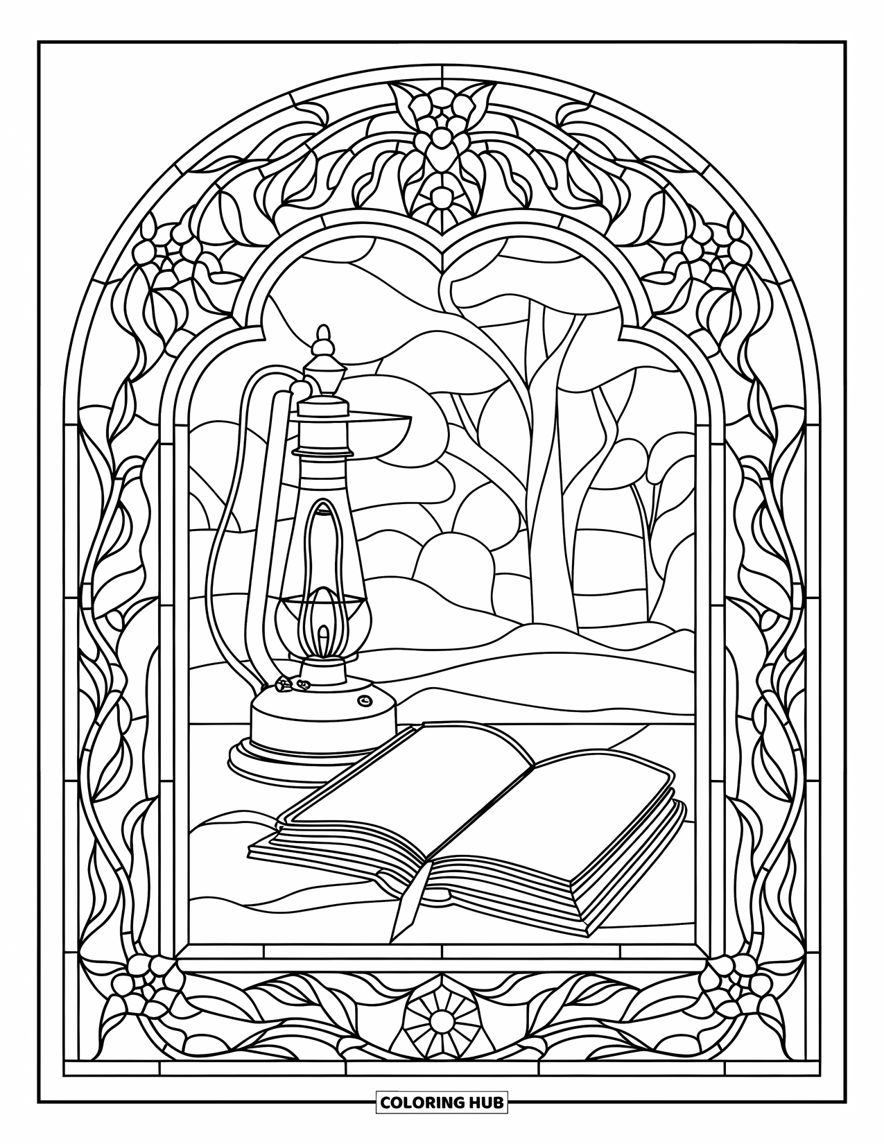 Reading Coloring Page for Adults: An oil lamp and book rest under a stained glass arch in a garden view