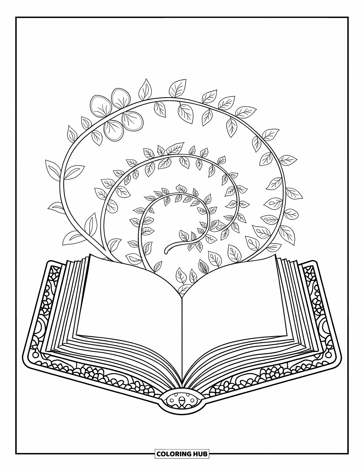 Reading Coloring Page for Adults: An open book floats with vines spiraling around its pages in mandala form