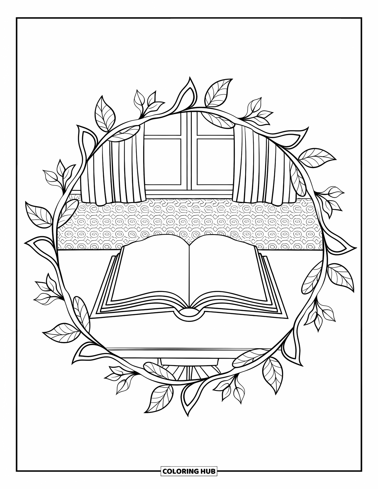 Reading Coloring Page for Adults: An open book lies on a table framed by a circular vine mandala