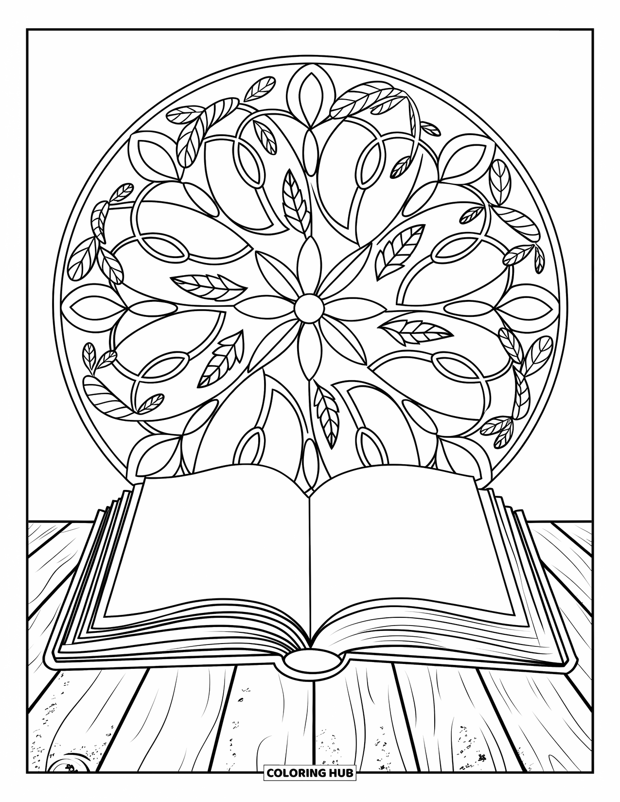 Reading Coloring Page for Adults: An open book on a table rests within a circular floral mandala