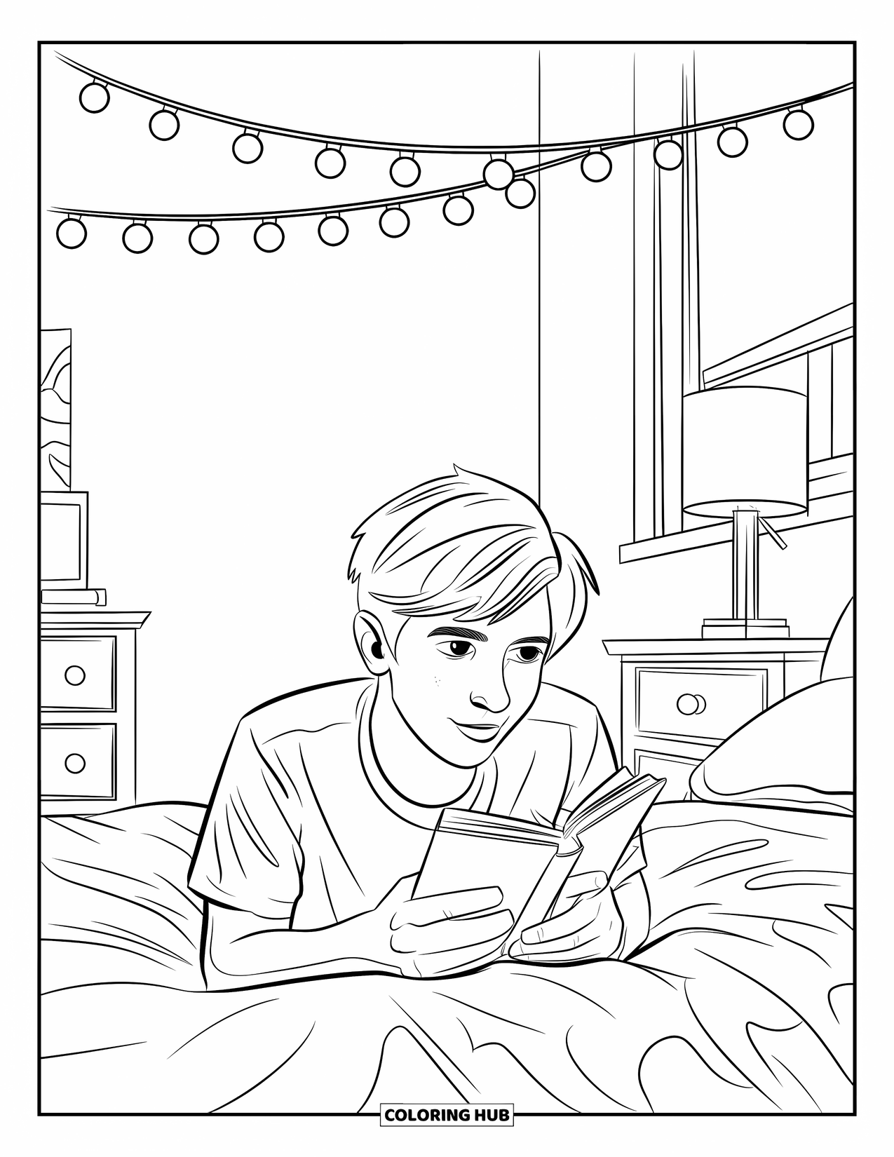 Reading Coloring Page for Kids: A boy reads on his bed under string lights in a modern room