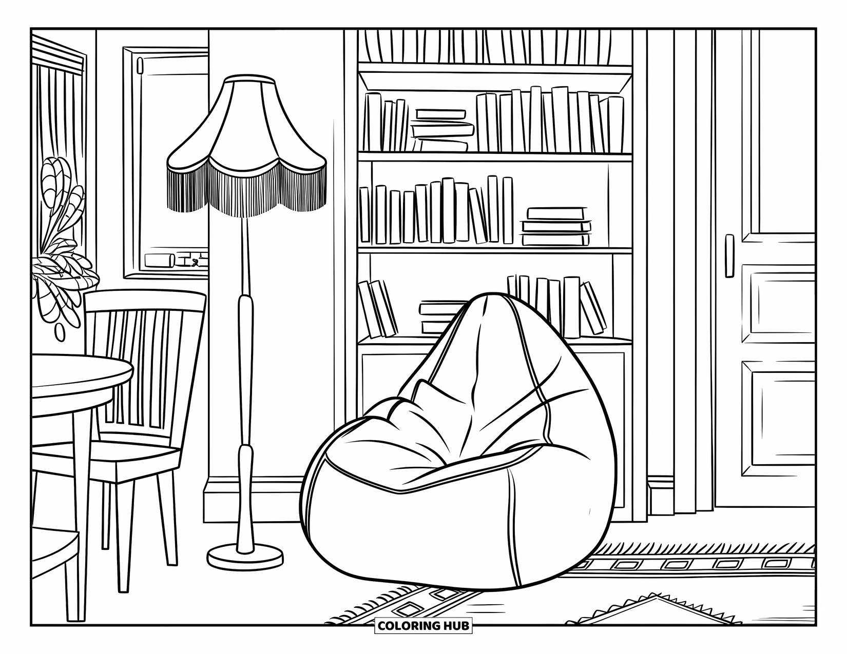 Reading Coloring Page for Kids: A bright reading nook with books, a lamp, and a window view
