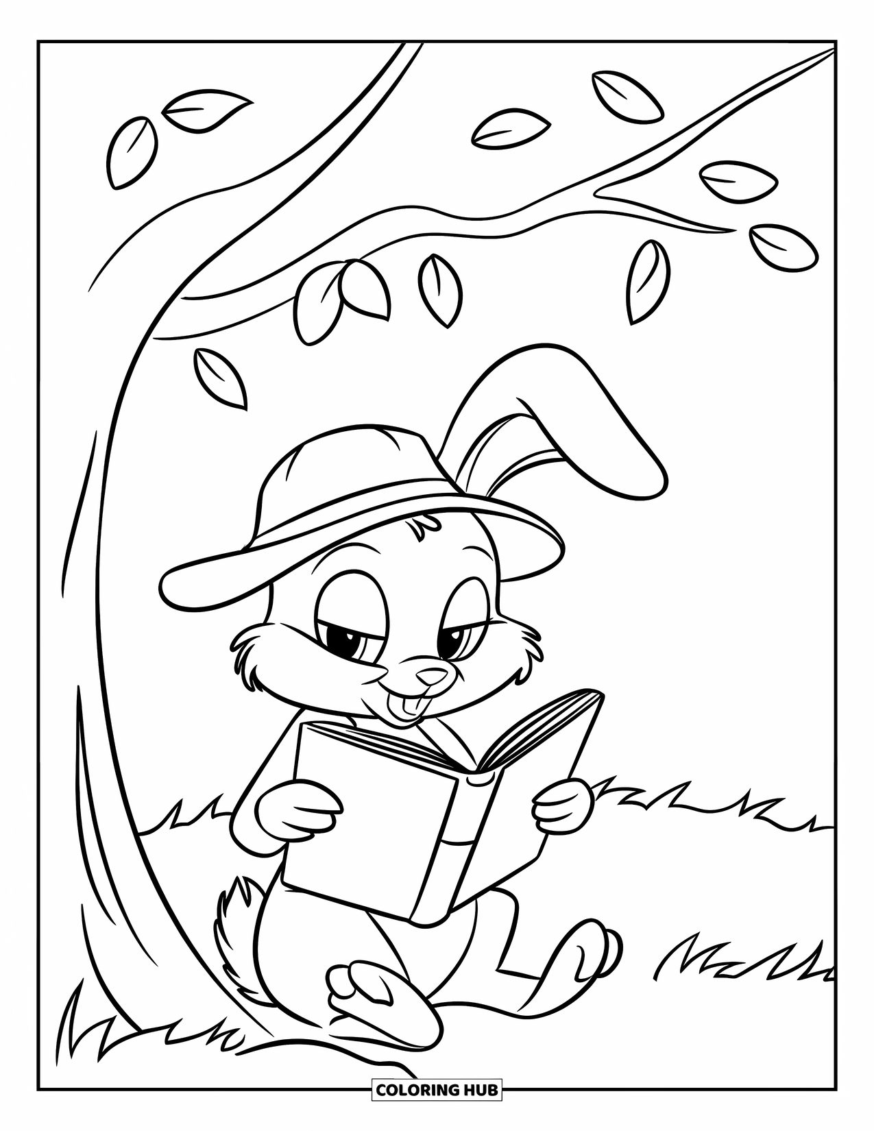Reading Coloring Page for Kids: A bunny reads under a tree wearing a little green hat