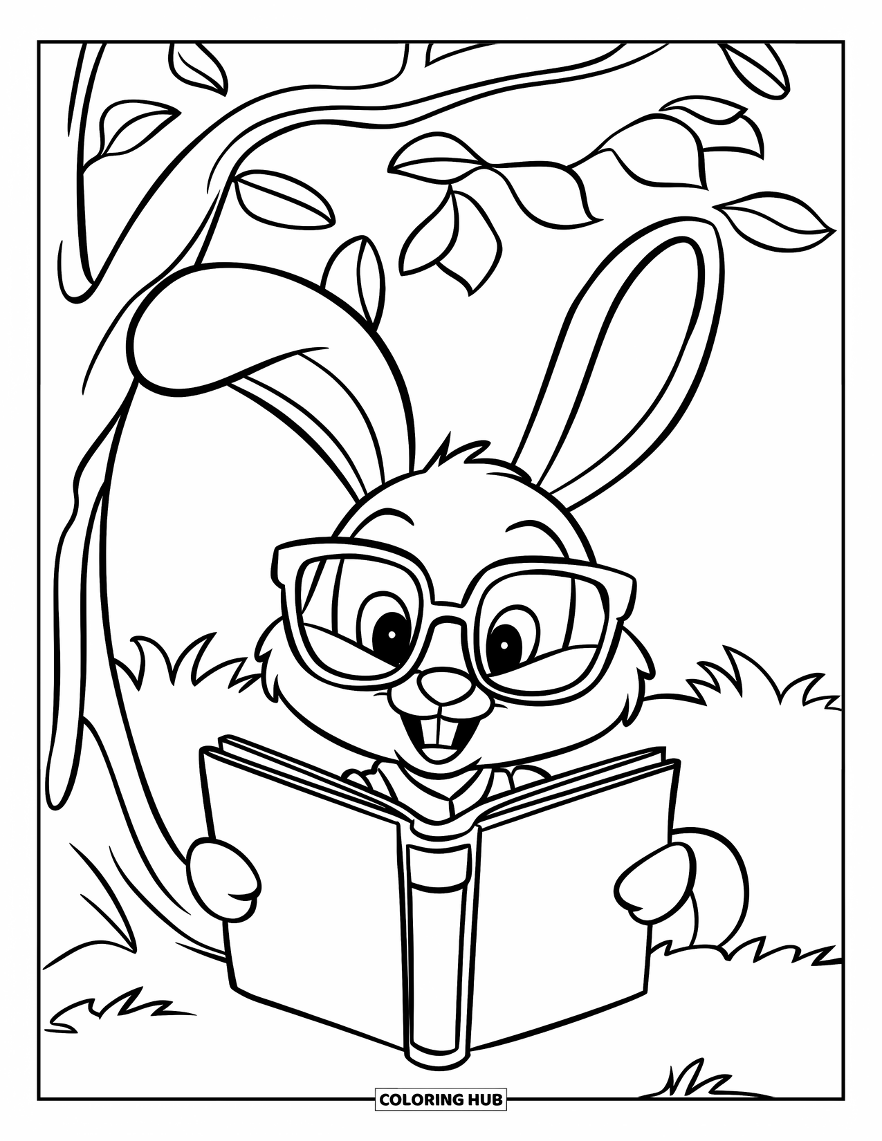 Reading Coloring Page for Kids: A bunny with glasses reads under a leafy tree