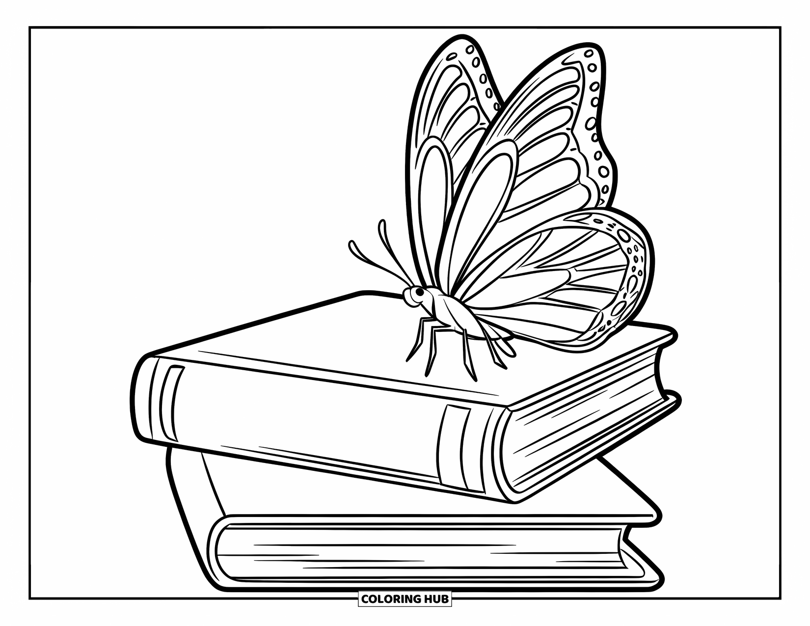 Reading Coloring Page for Kids: A butterfly lands gently on a cheerful stack of books