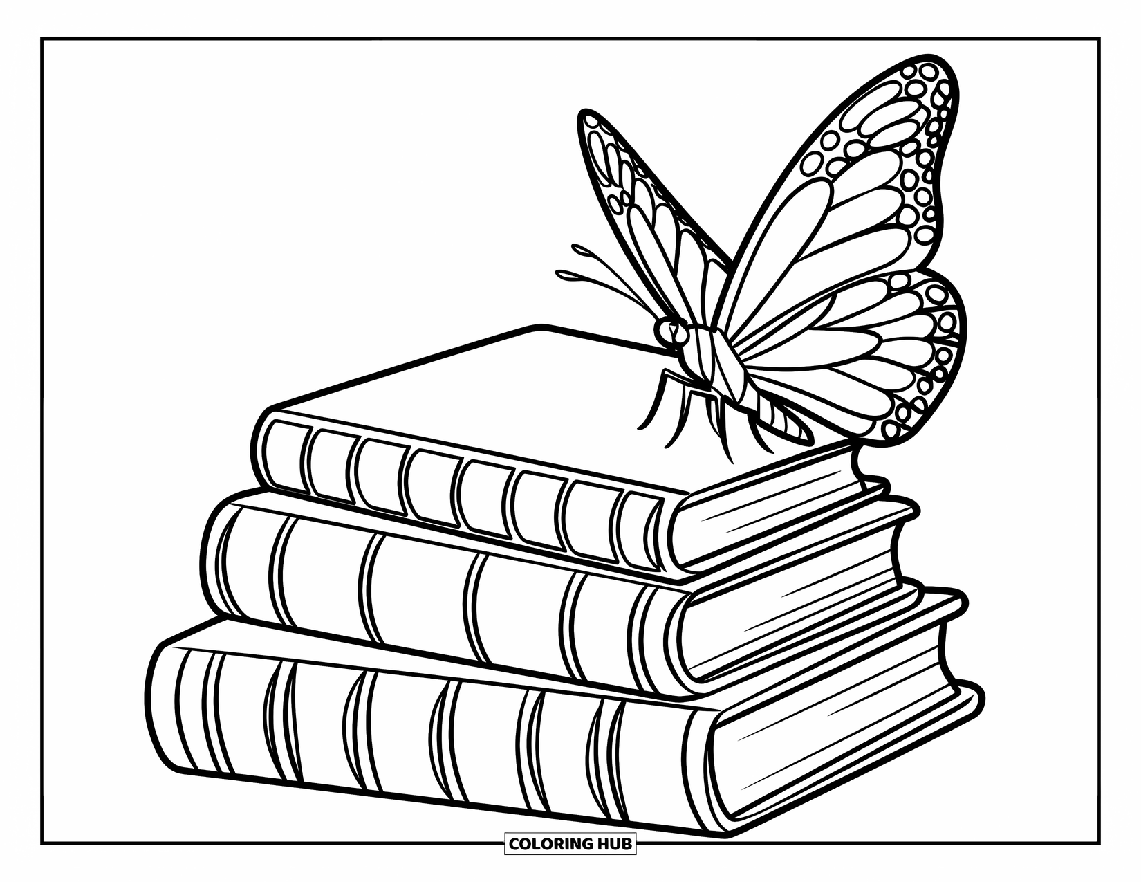 Reading Coloring Page for Kids: A butterfly perches on vintage books with intricate wings