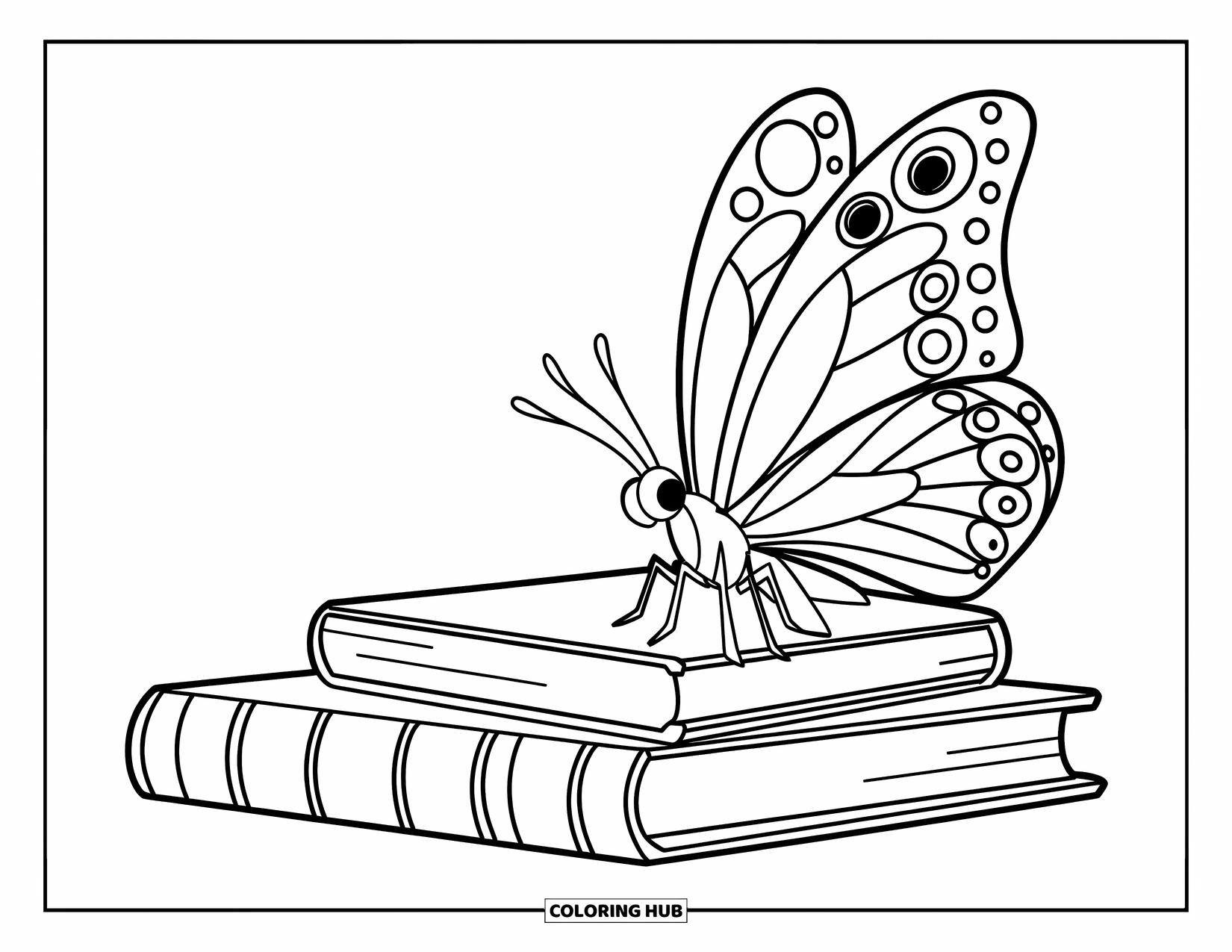 Reading Coloring Page for Kids: A butterfly rests on top of a small pile of books